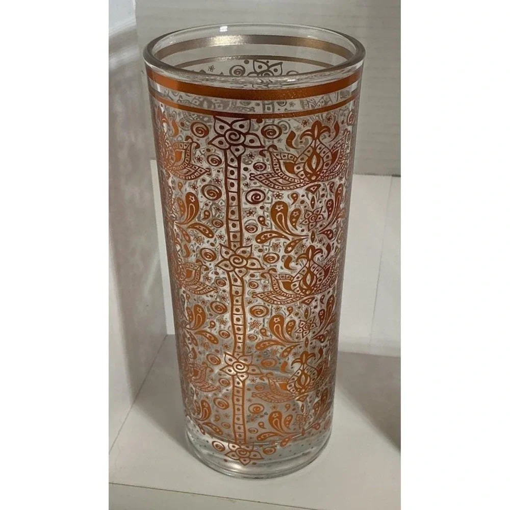 Vintage Moroccan Copper Filigree Highball Glasses Set of 4 Paisley Lotus Barware